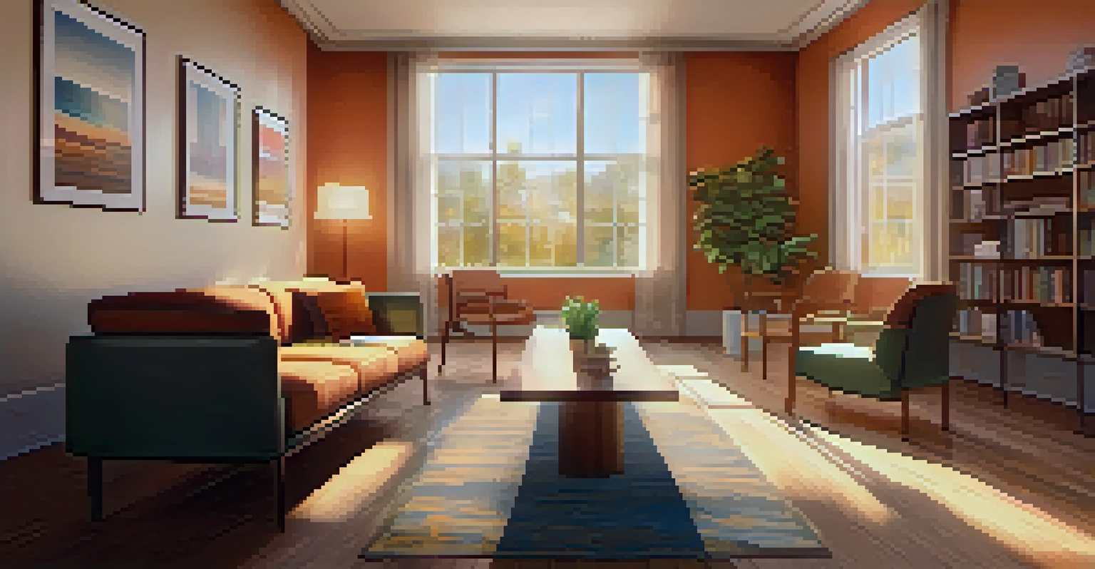 A cozy mental health consultation room with warm colors and a therapist interacting with a patient.