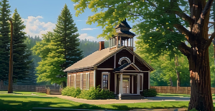 A one-room schoolhouse in Spokane from the late 19th century, surrounded by trees and children playing outside.