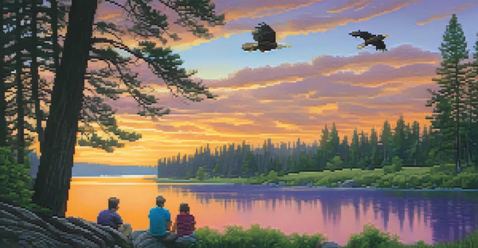 A family observing wildlife by the Spokane River at sunset, with an eagle flying above and vibrant colors reflecting on the water.