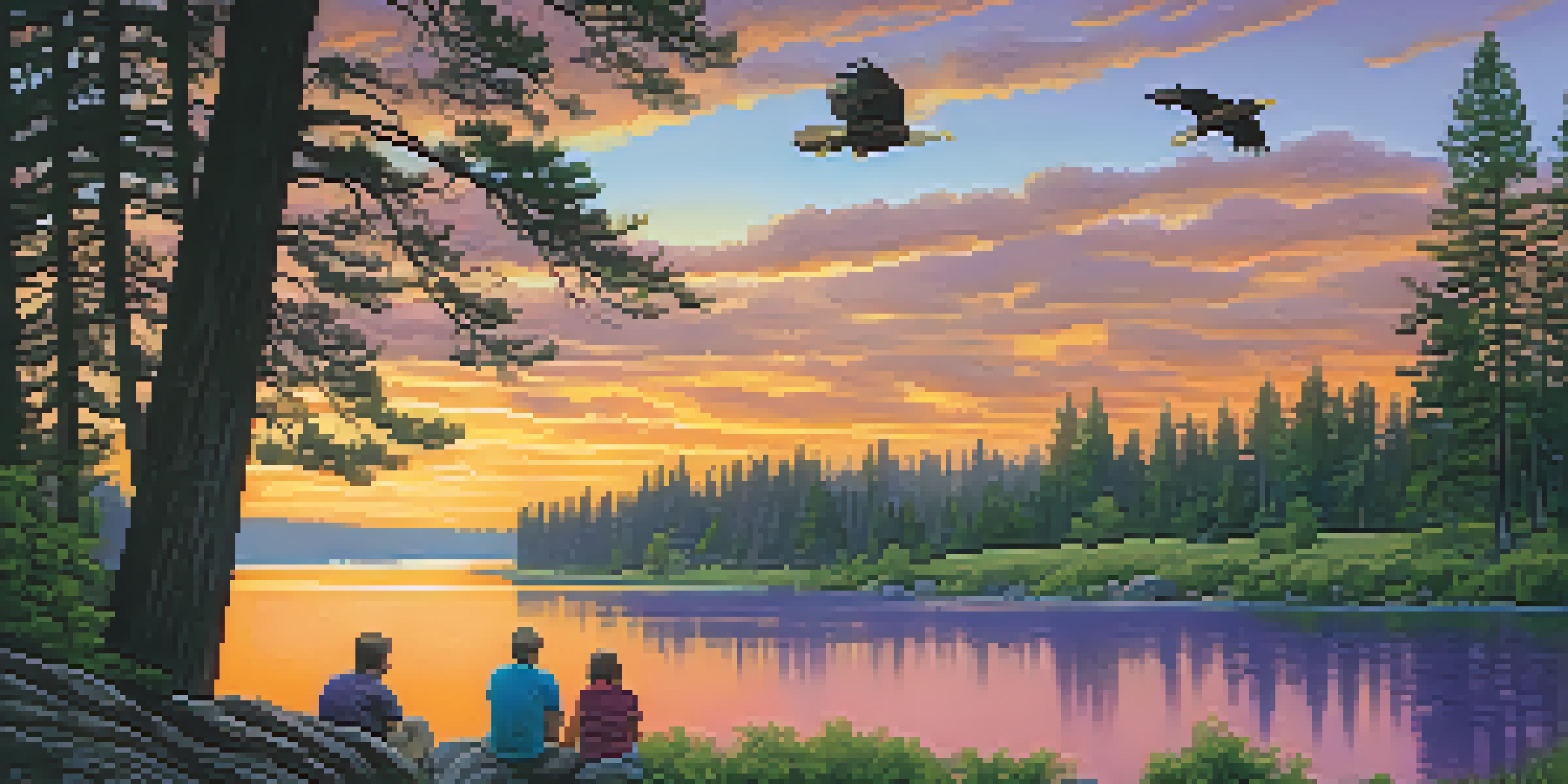 A family observing wildlife by the Spokane River at sunset, with an eagle flying above and vibrant colors reflecting on the water.