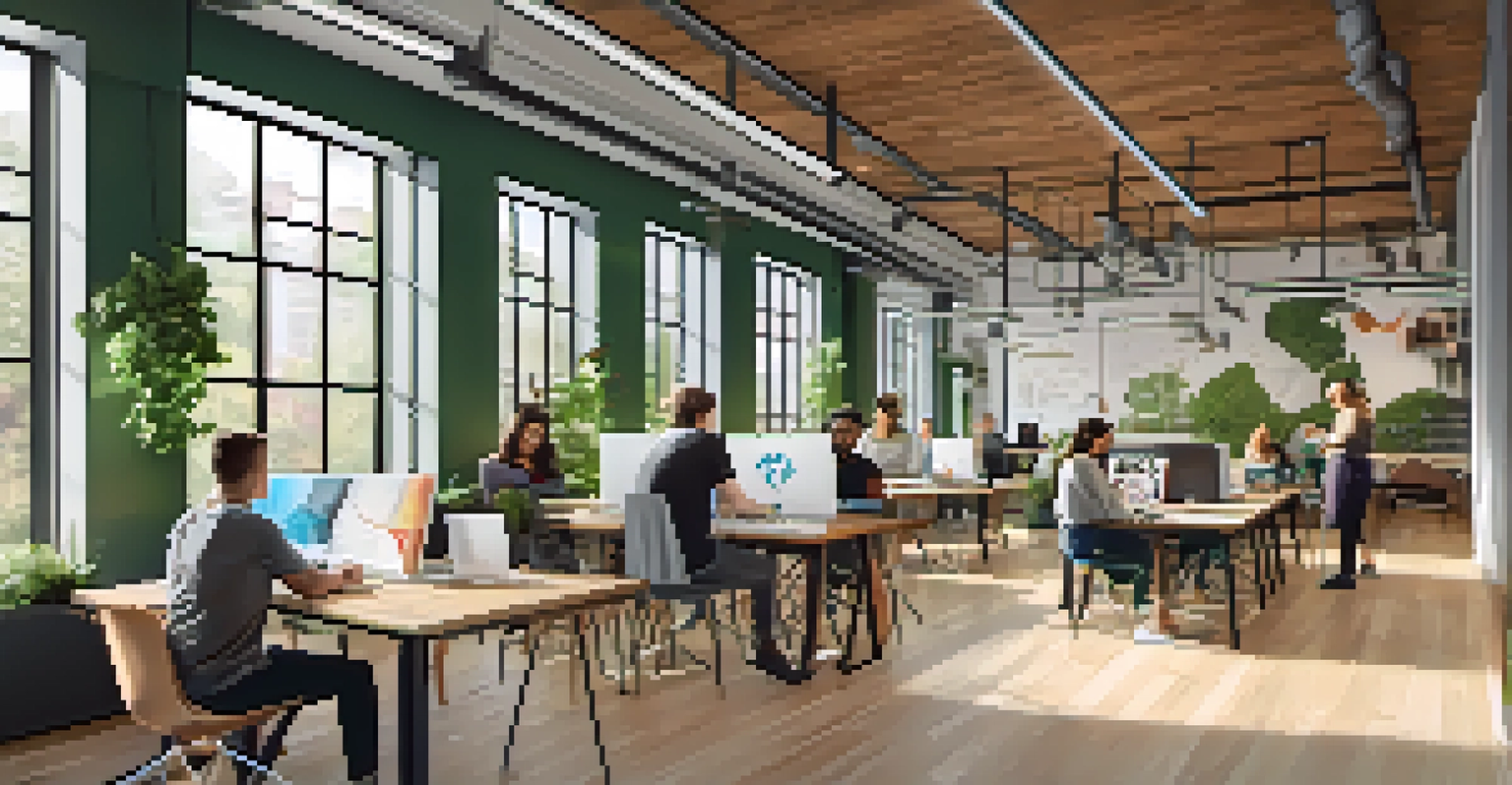 A modern coworking space in Spokane with people working together, large windows, and greenery.