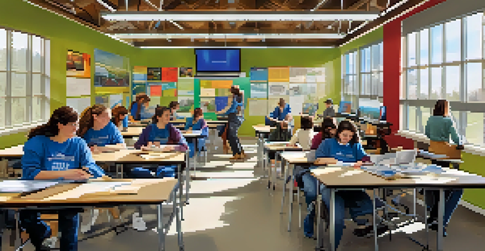 A classroom filled with diverse students working together on technology training in Spokane Community College, with bright natural light and educational posters.