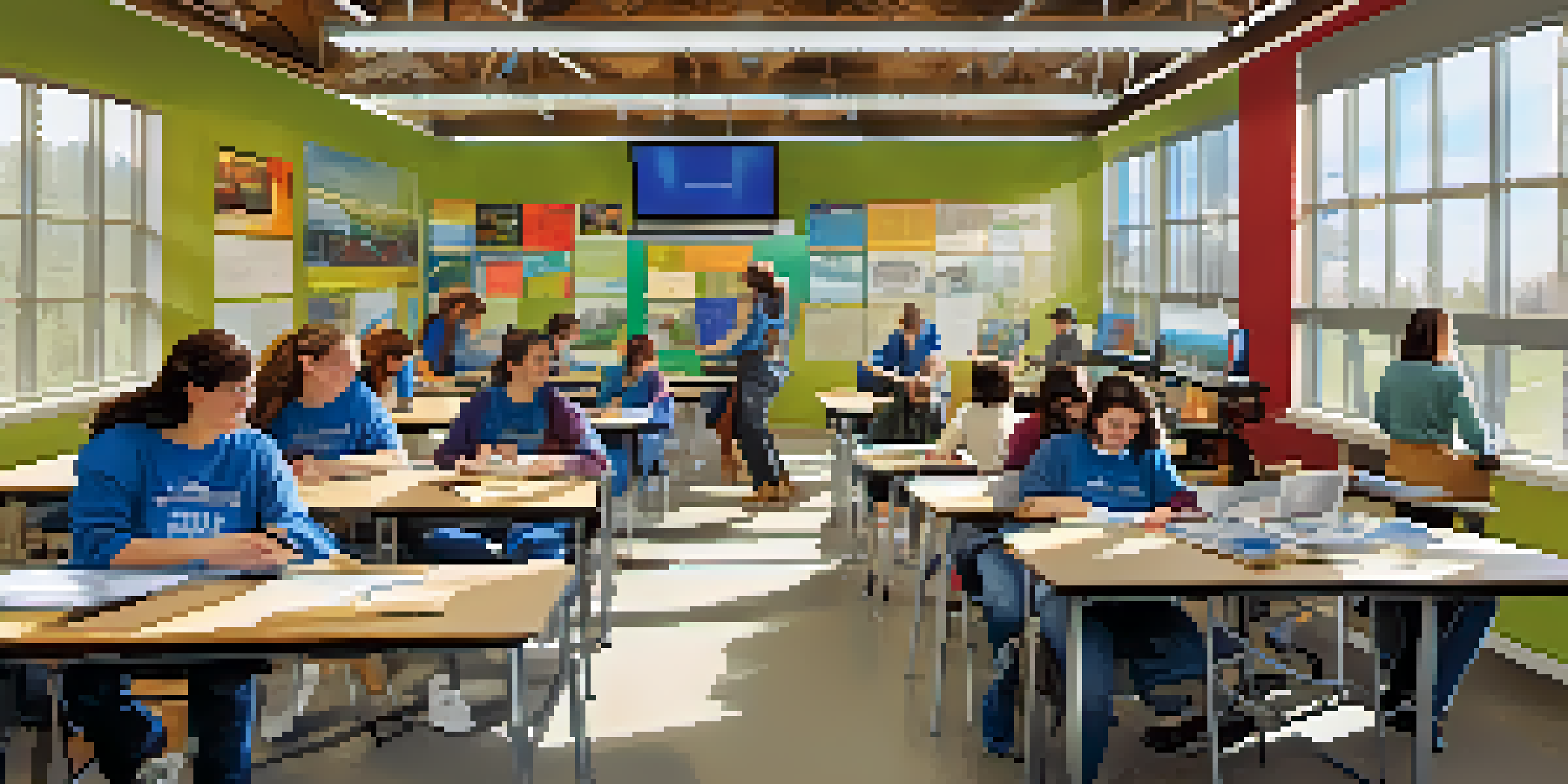 A classroom filled with diverse students working together on technology training in Spokane Community College, with bright natural light and educational posters.