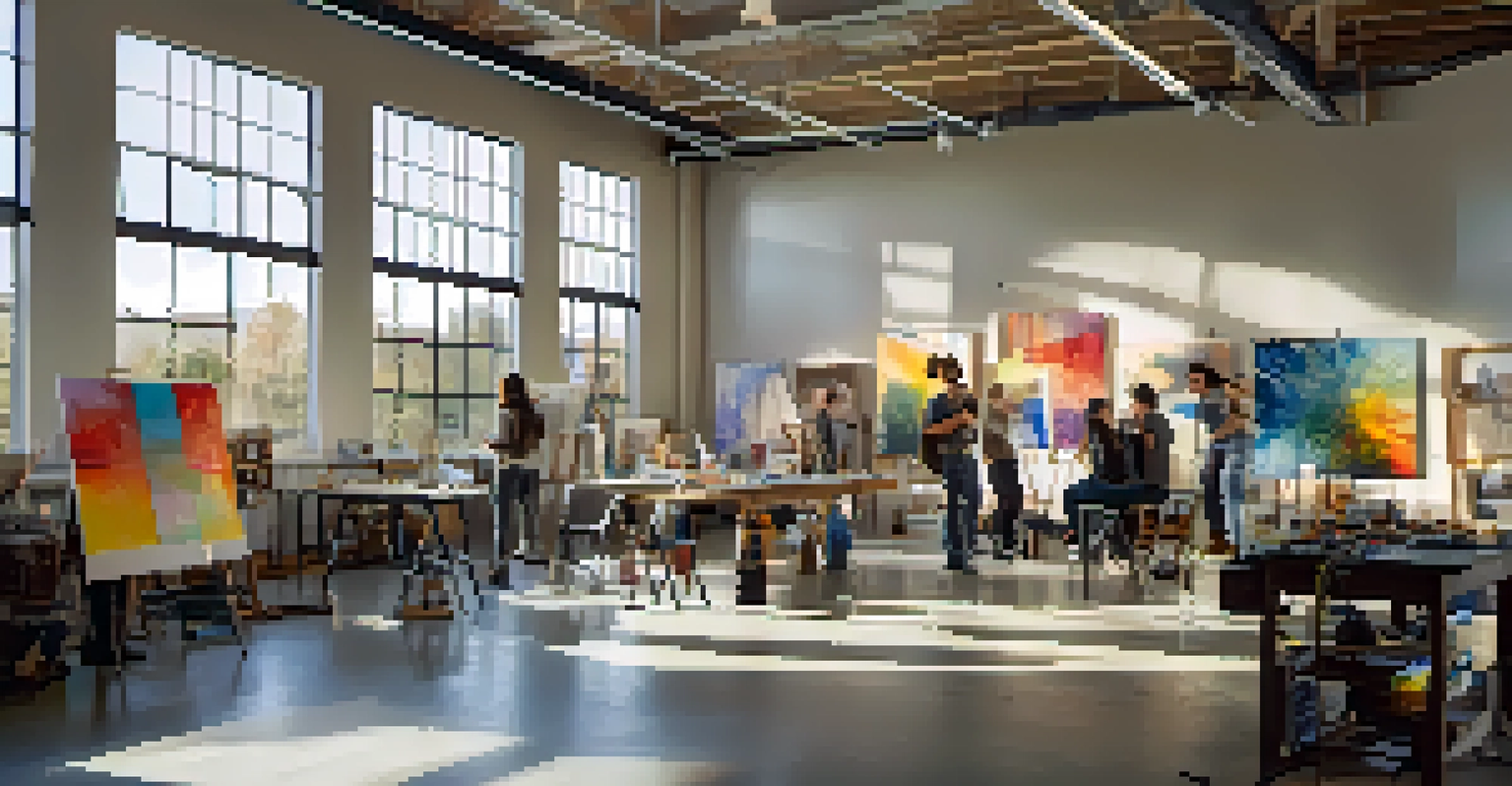 A workshop scene at an art school in Spokane with artists and musicians collaborating, surrounded by art supplies and instruments.