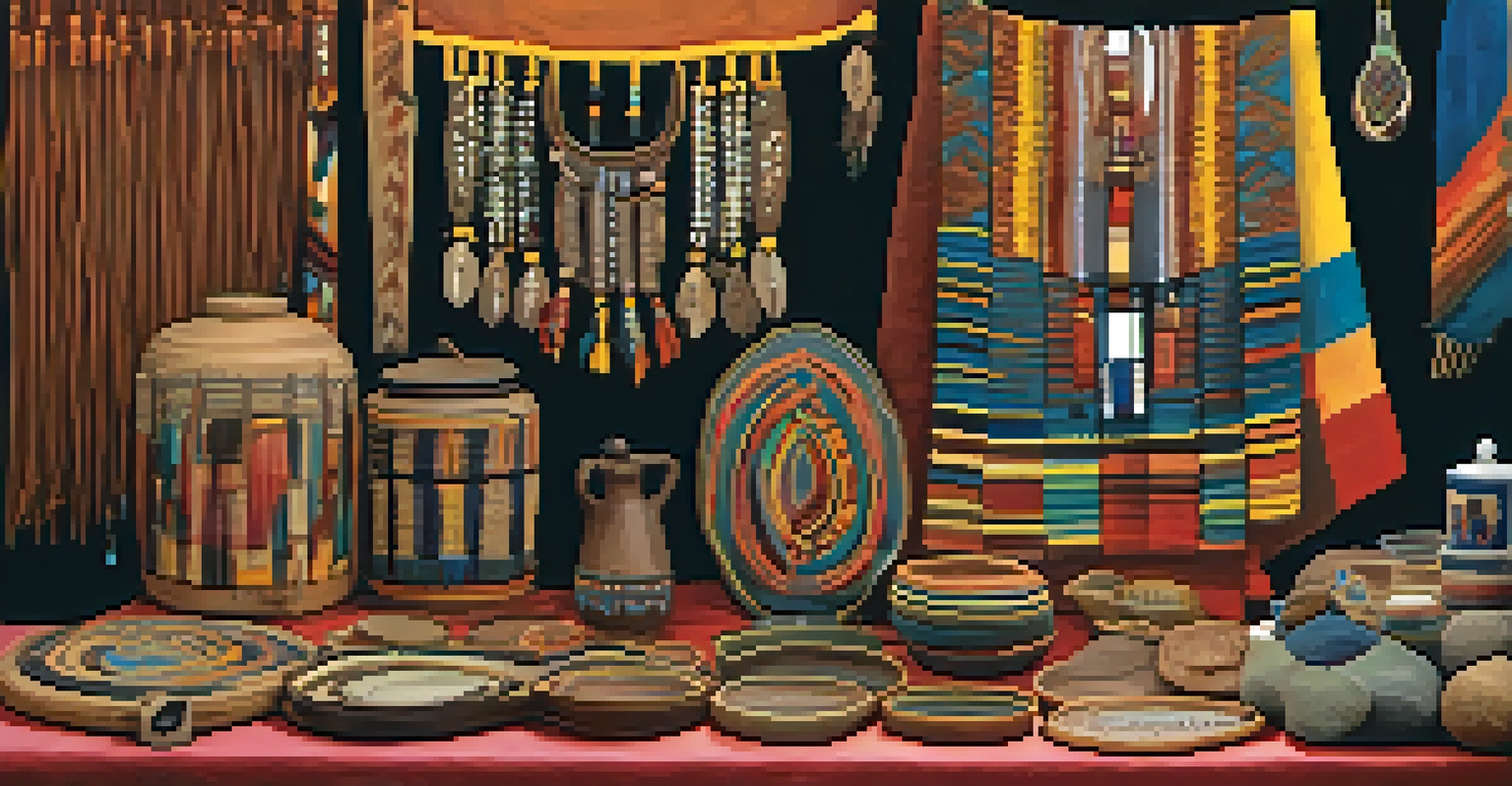 A close-up of an artisan booth showcasing handmade jewelry and pottery with bright colors and intricate designs.