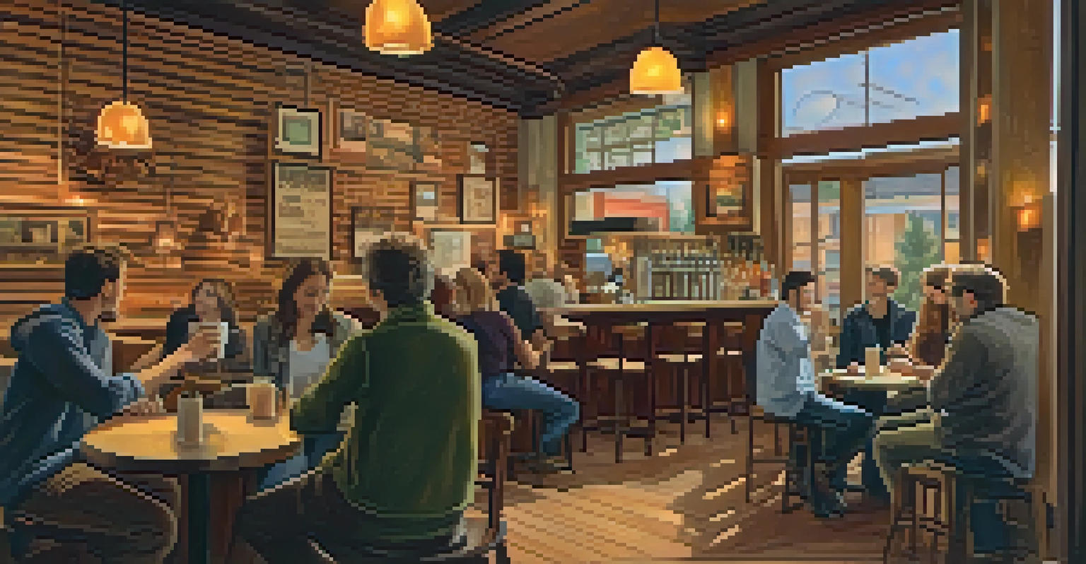 A cozy coffee shop in Spokane with a local band performing for a small audience, featuring warm wooden decor and soft lighting.