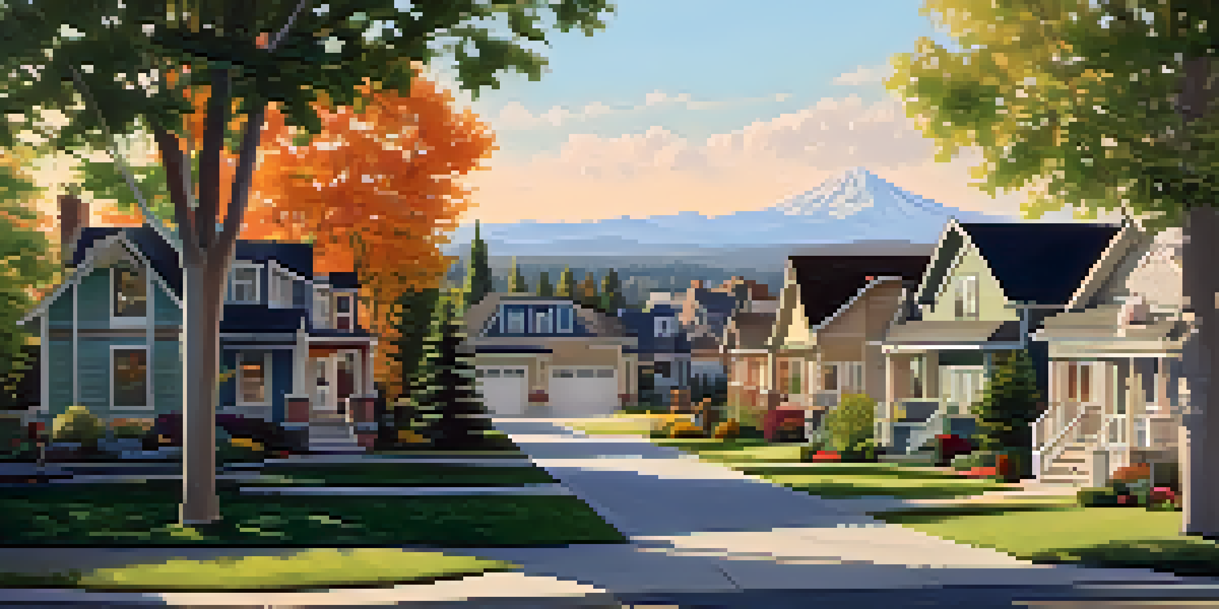 A suburban neighborhood in Spokane with family homes, gardens, and a park, illuminated by warm golden hour light.