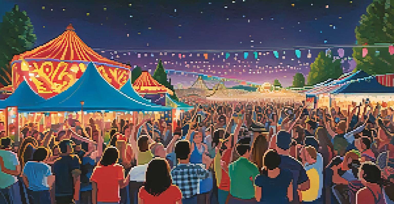 A vibrant outdoor music festival in Spokane with a crowd enjoying live indie music performances.
