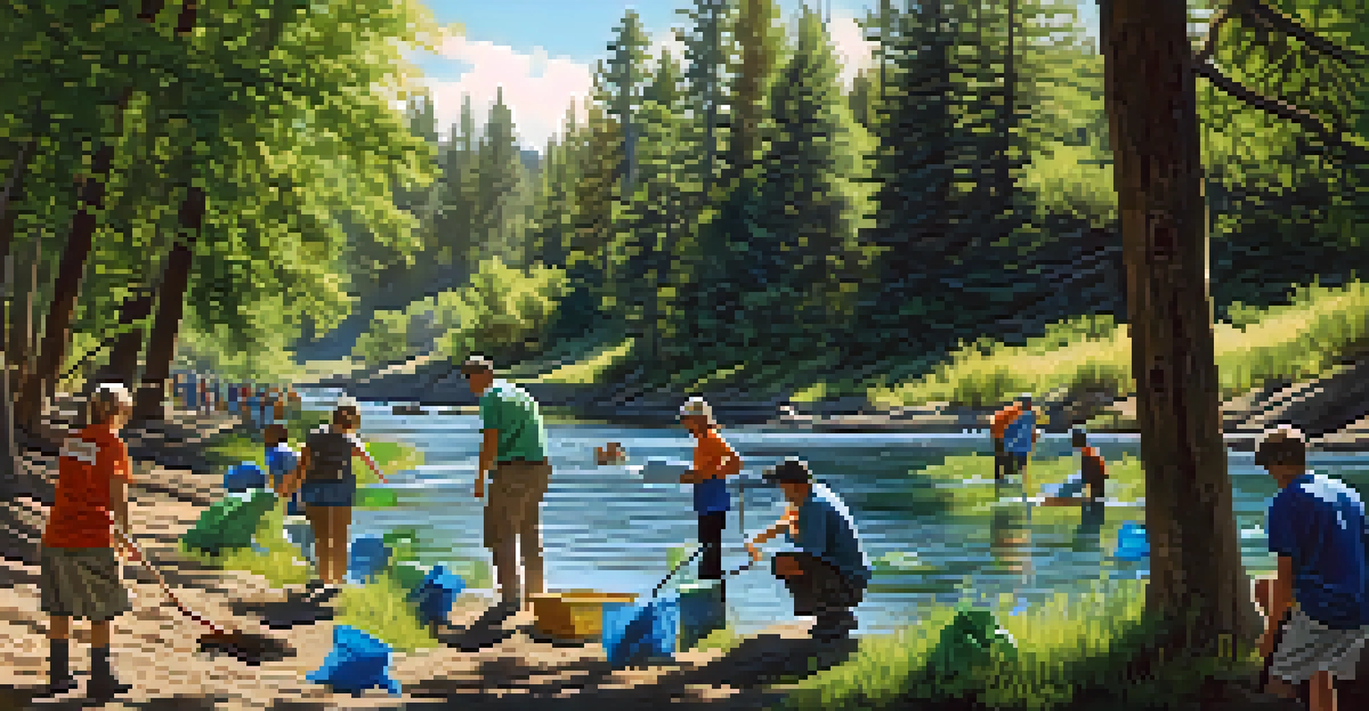 Volunteers cleaning up the Spokane River, surrounded by lush greenery and clear water on a sunny day.