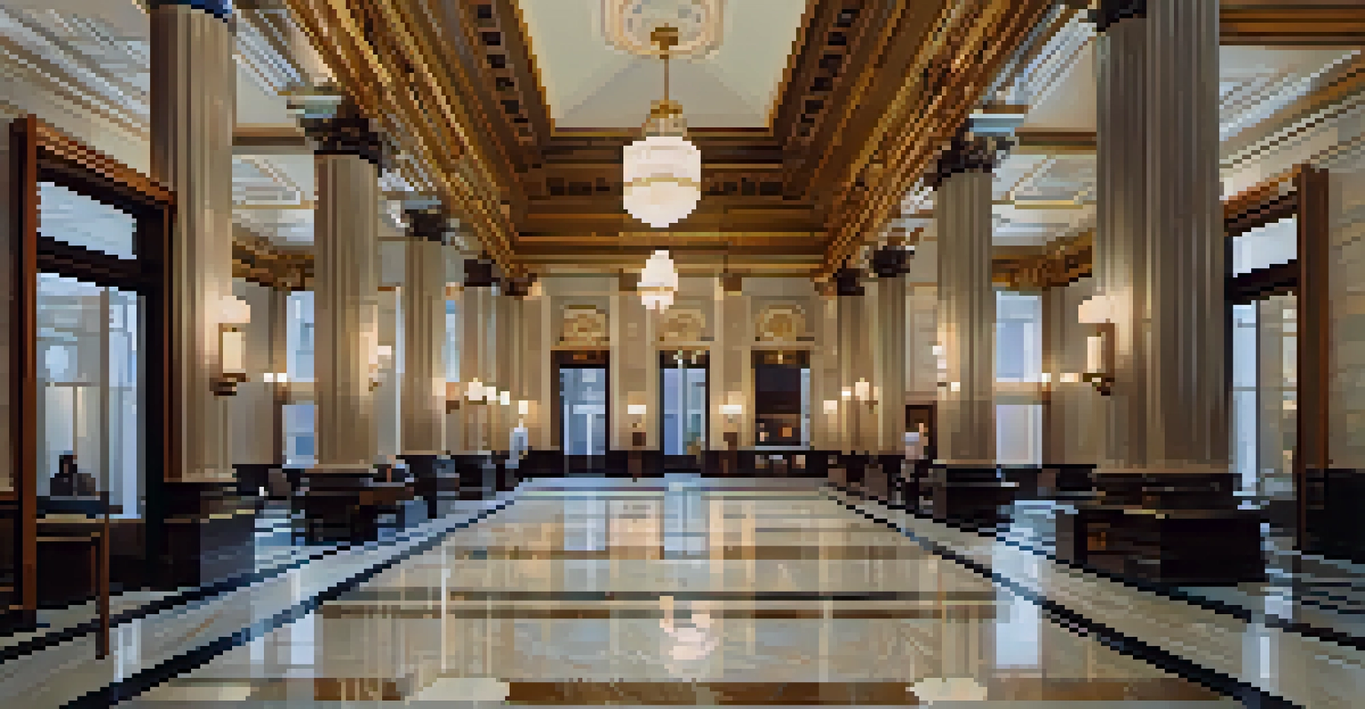 An elegant interior of the Old National Bank Building, showcasing high ceilings and ornate marble finishes bathed in warm lighting.