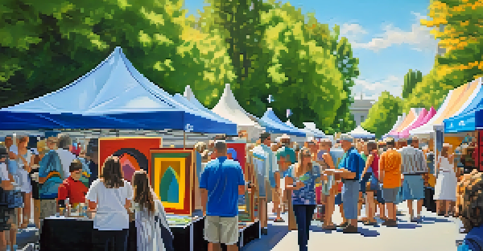 A lively arts festival in Spokane with local artists showcasing colorful artworks and visitors enjoying the atmosphere.