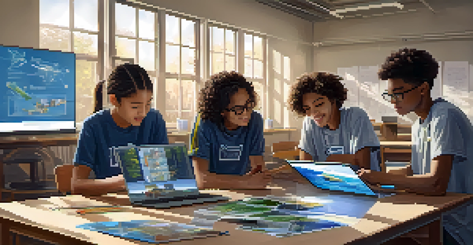 High school students working together on a STEM project in a bright classroom filled with educational materials.