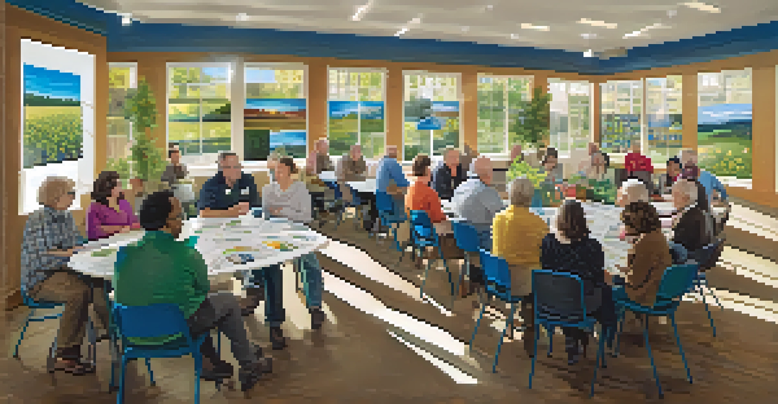A community workshop in Spokane with residents discussing renewable energy, surrounded by informational materials and posters.