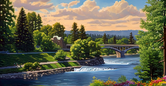A scenic view of Spokane River with greenery and flowers in Riverfront Park, featuring Spokane Falls in the background.