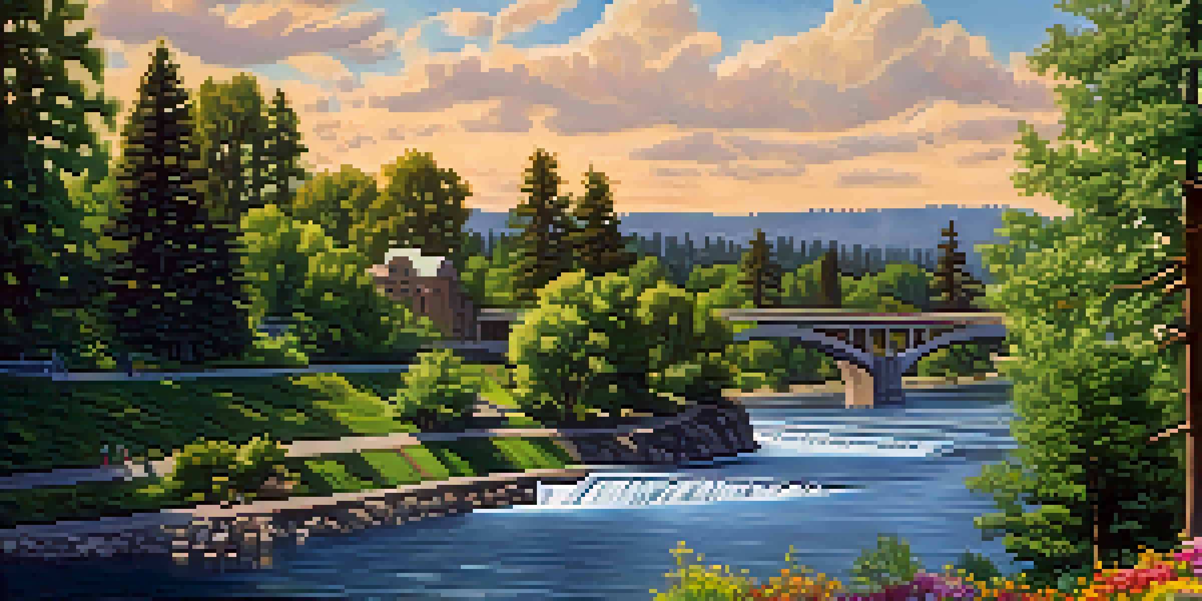 A scenic view of Spokane River with greenery and flowers in Riverfront Park, featuring Spokane Falls in the background.
