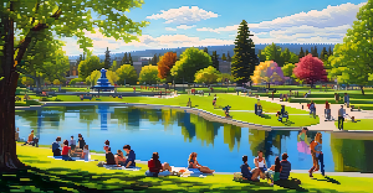 A beautiful city park in Spokane with college students enjoying picnics and walks among blooming flowers and tall trees on a sunny day.
