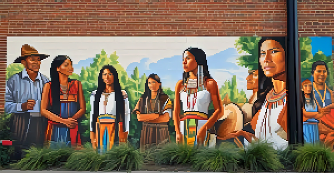 A colorful mural showcasing Spokane's history, featuring indigenous figures and historical events, with greenery and sunlight enhancing the scene.