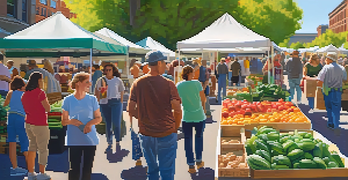 A vibrant farmers' market in Spokane with people interacting and colorful stalls of fresh produce and crafts under the sun.
