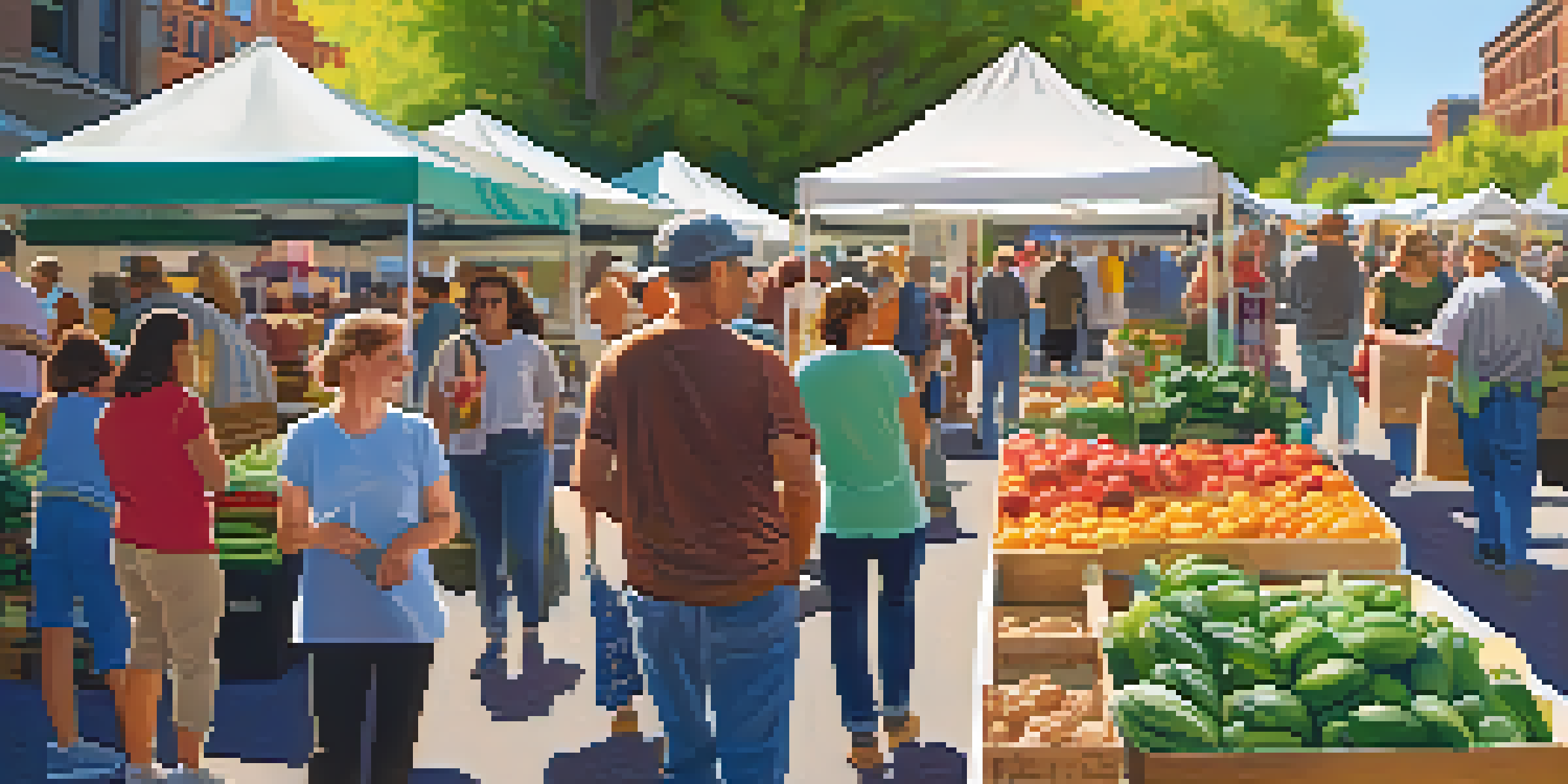 A vibrant farmers' market in Spokane with people interacting and colorful stalls of fresh produce and crafts under the sun.