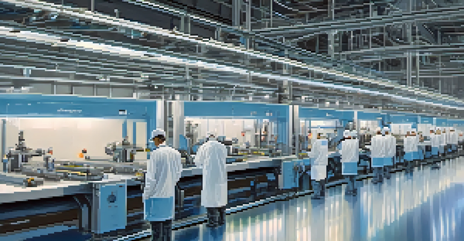 An interior view of a modern manufacturing facility with robots and workers using tablets.