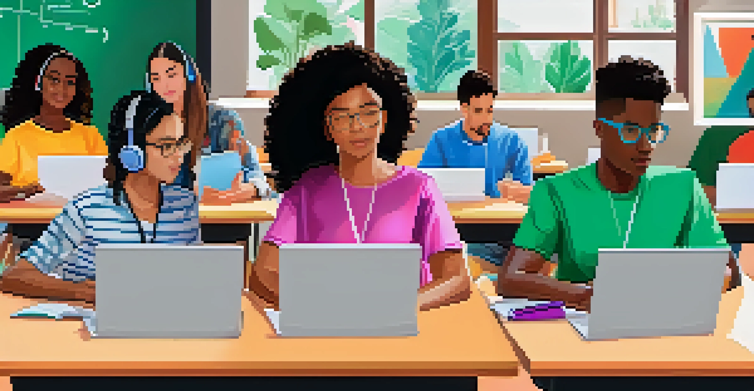 A diverse group of students engaged in an online class, each using laptops in a modern virtual classroom filled with educational posters.