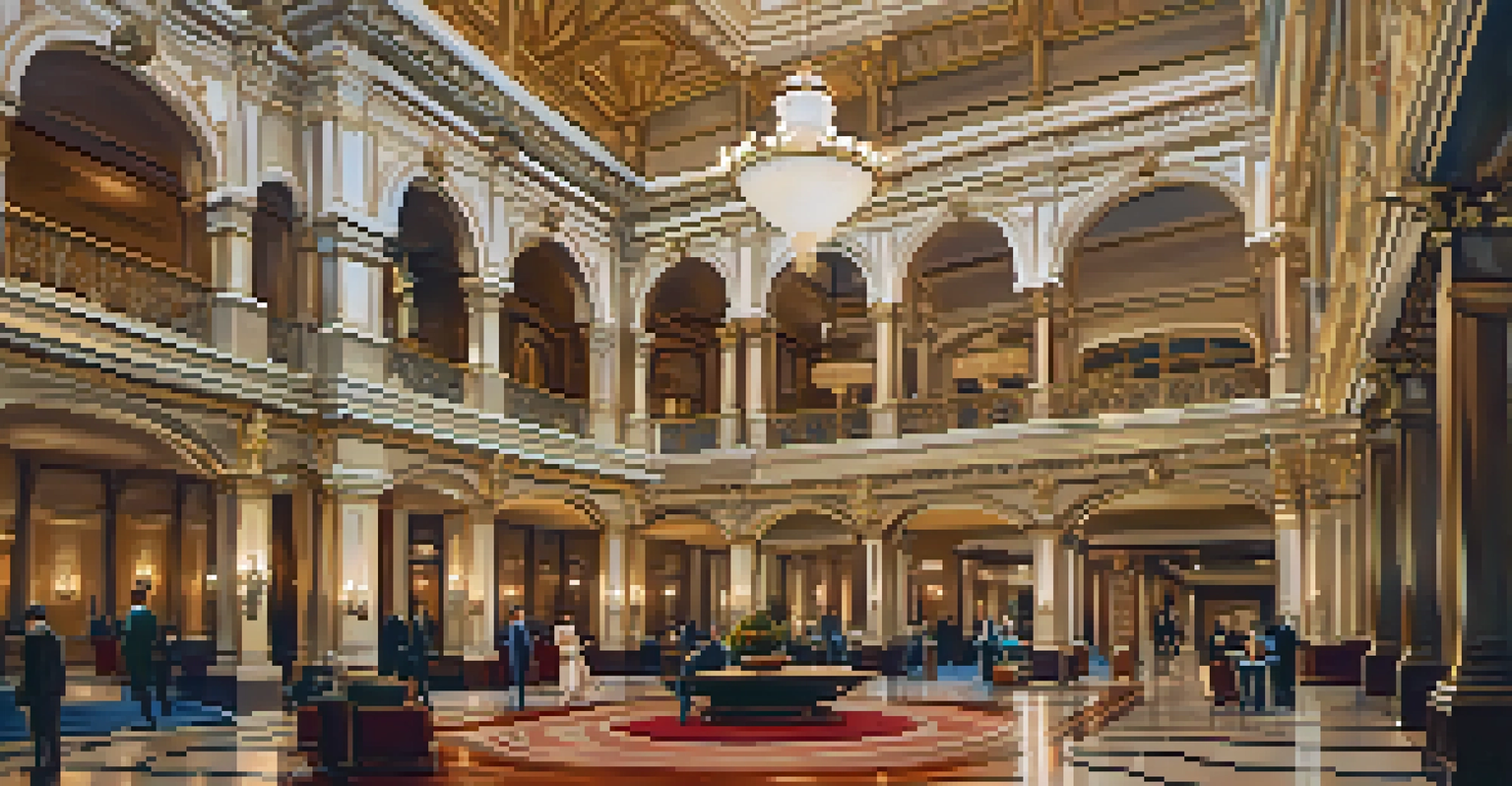 The luxurious lobby of the Davenport Hotel, showcasing ornate plasterwork, elegant chandeliers, and a grand staircase, with guests enjoying afternoon tea.