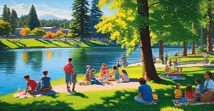A lively park scene in Spokane featuring families picnicking and children playing, with the Spokane River and vibrant flowers in the background.