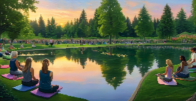 A peaceful park in Spokane during sunset, with people practicing mindfulness on yoga mats near a pond.