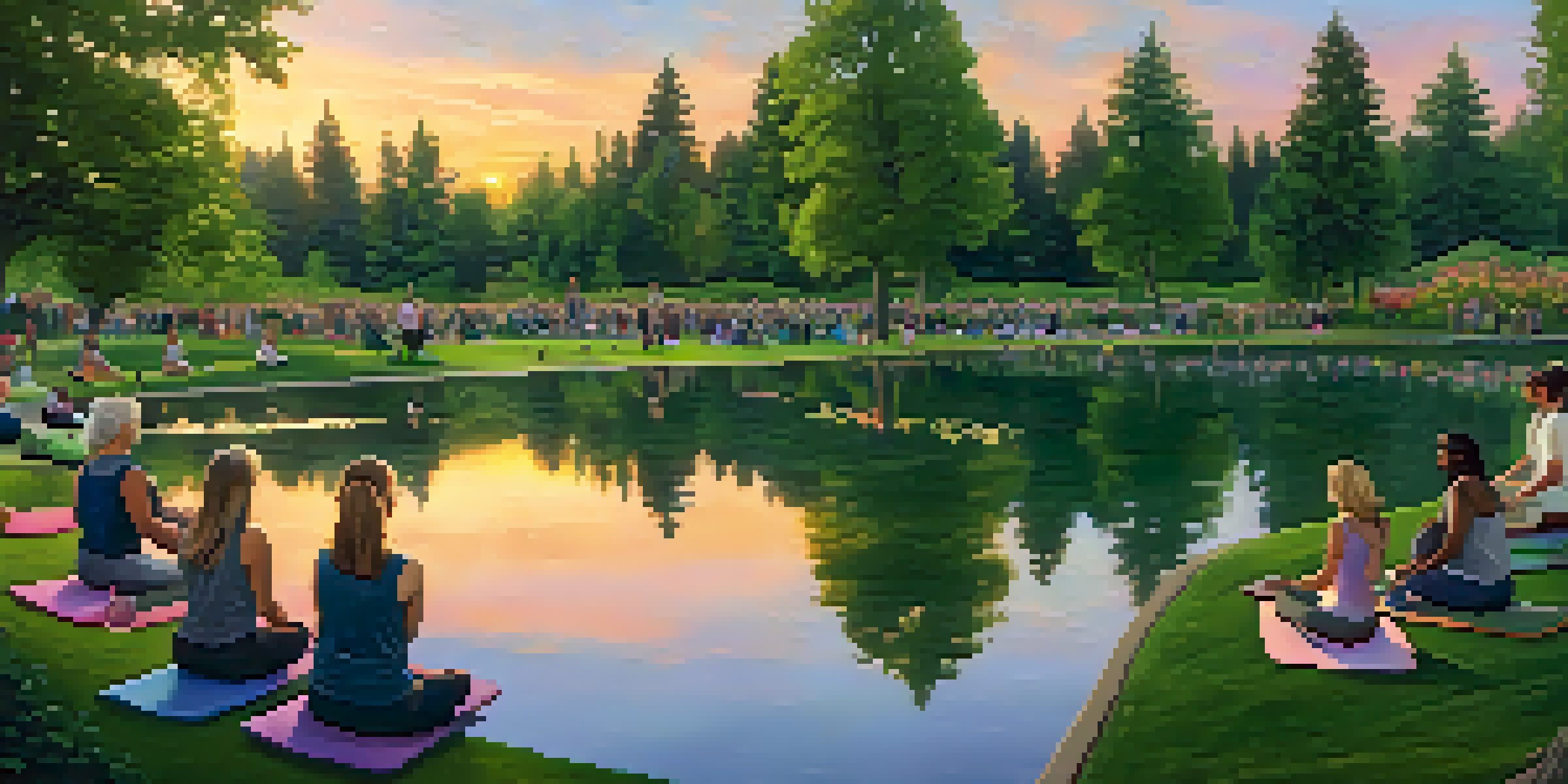 A peaceful park in Spokane during sunset, with people practicing mindfulness on yoga mats near a pond.