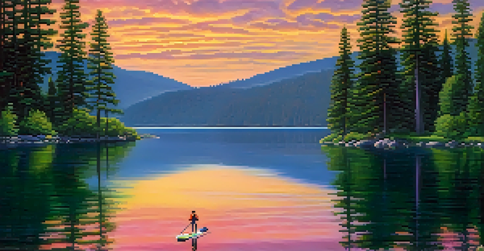 A paddleboarder enjoying a peaceful sunset on Lake Spokane, with calm waters reflecting vibrant colors and surrounded by greenery.