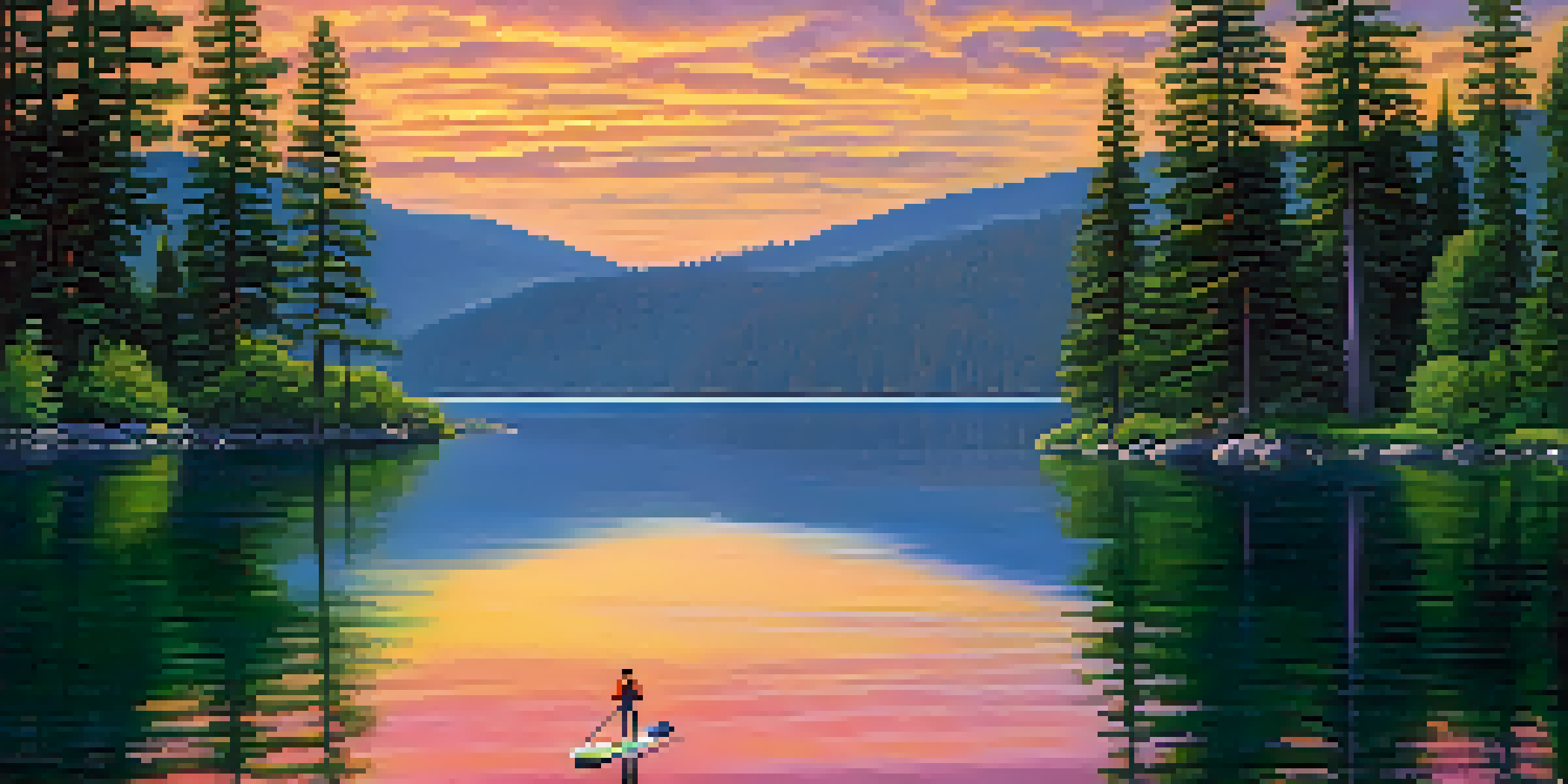 A paddleboarder enjoying a peaceful sunset on Lake Spokane, with calm waters reflecting vibrant colors and surrounded by greenery.