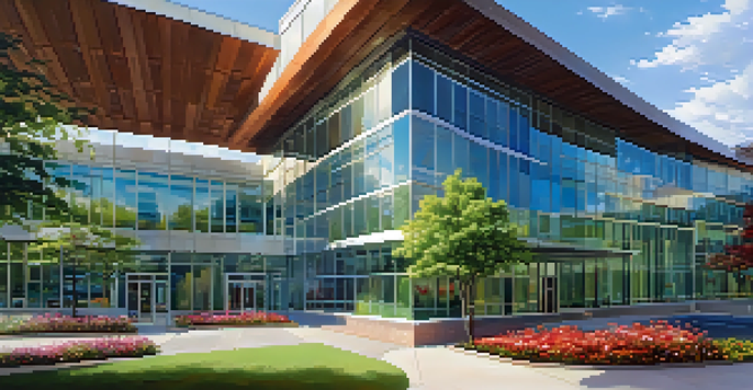 A vibrant view of Sacred Heart Medical Center, highlighting its modern design and busy entrance filled with people.