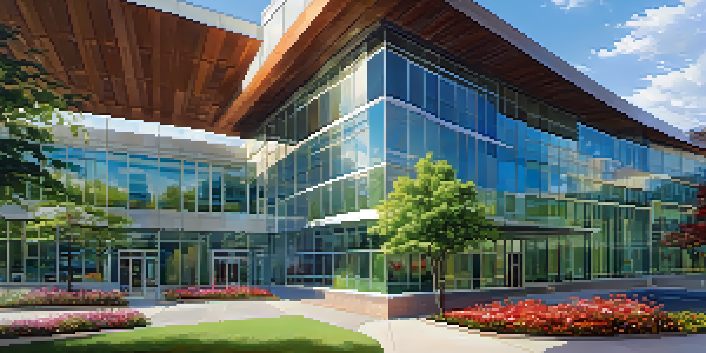 A vibrant view of Sacred Heart Medical Center, highlighting its modern design and busy entrance filled with people.