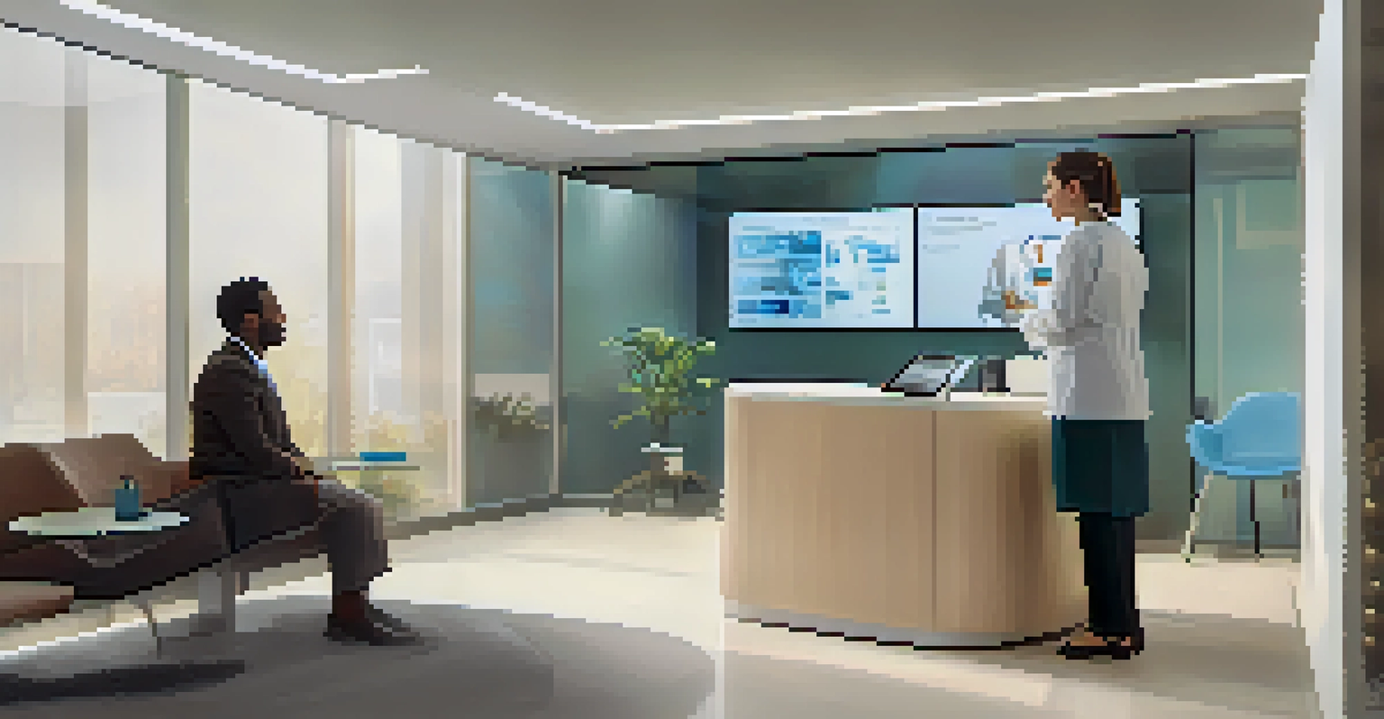 A modern telehealth room where a healthcare professional consults with a patient via a digital screen.