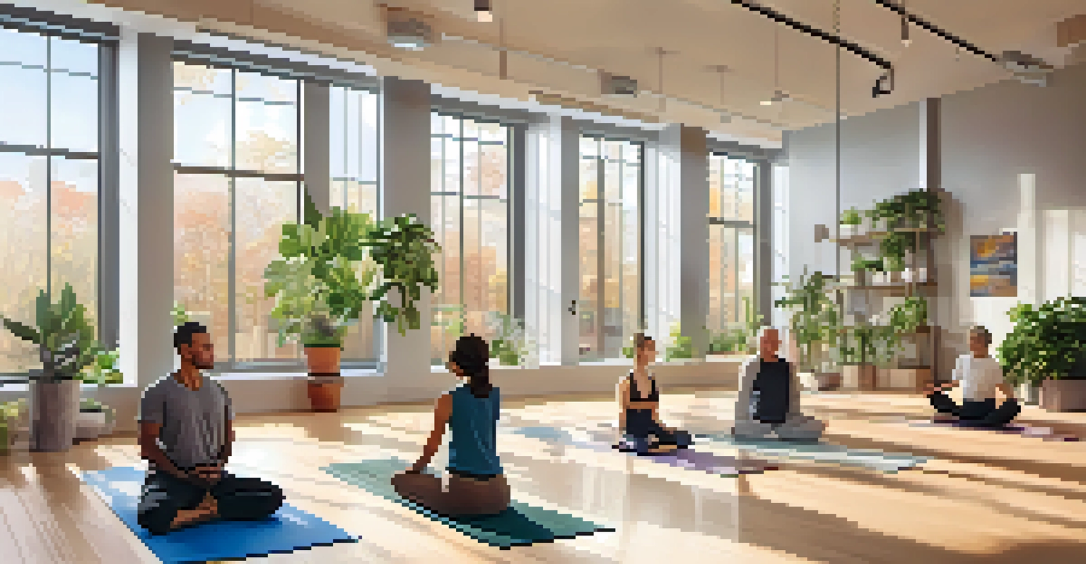 A vibrant integrative health clinic with a diverse group practicing yoga in a bright, peaceful room.