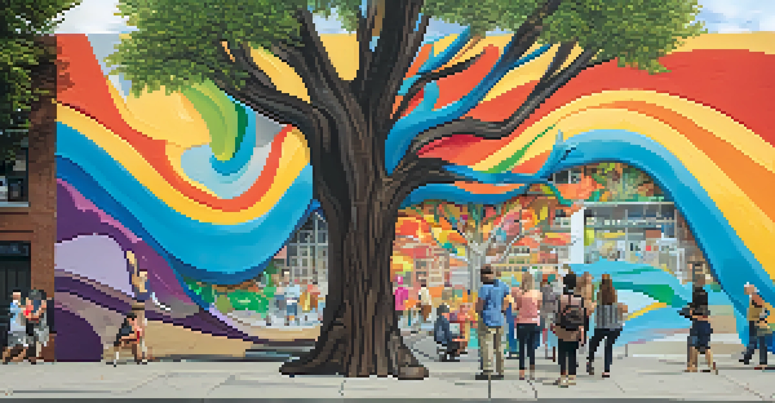 An interactive mural of a colorful tree in Spokane, with a community board for residents to share their thoughts, surrounded by engaged individuals.