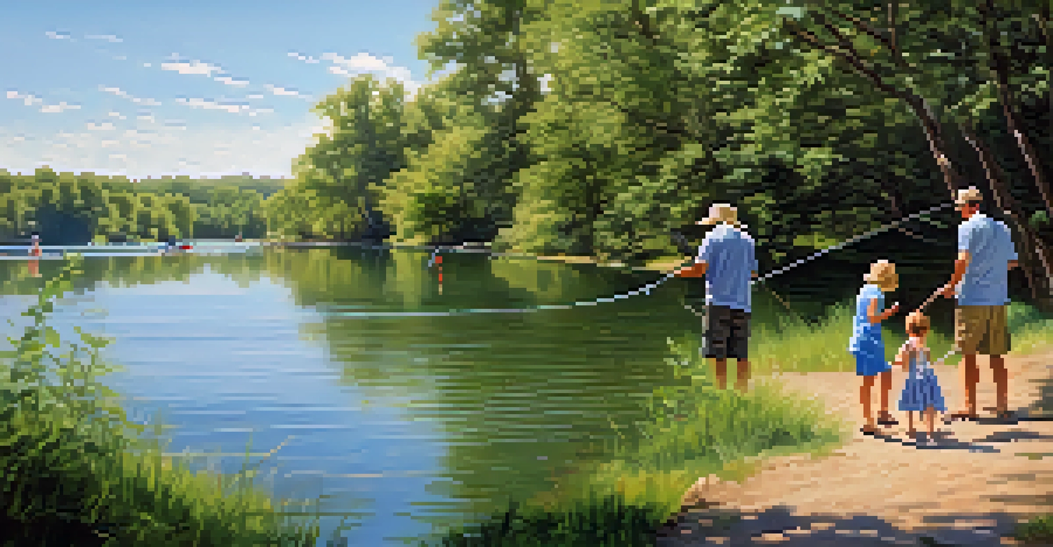 A family enjoying a fishing day at Riverside State Park, with children and adults engaged in the activity surrounded by nature.