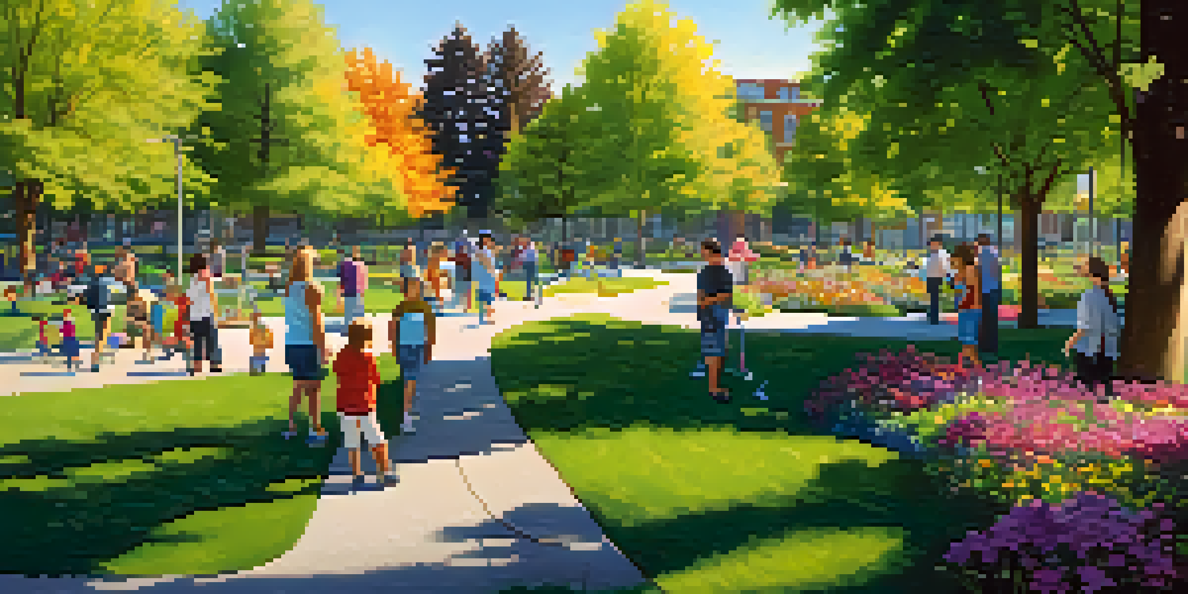 A lively urban park in Spokane where families are planting trees, surrounded by greenery and colorful flowers, with sunlight creating shadows.