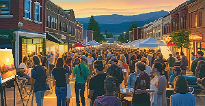 A lively street scene with artists showing their work and musicians playing during an art event in Spokane, with a sunset in the background.