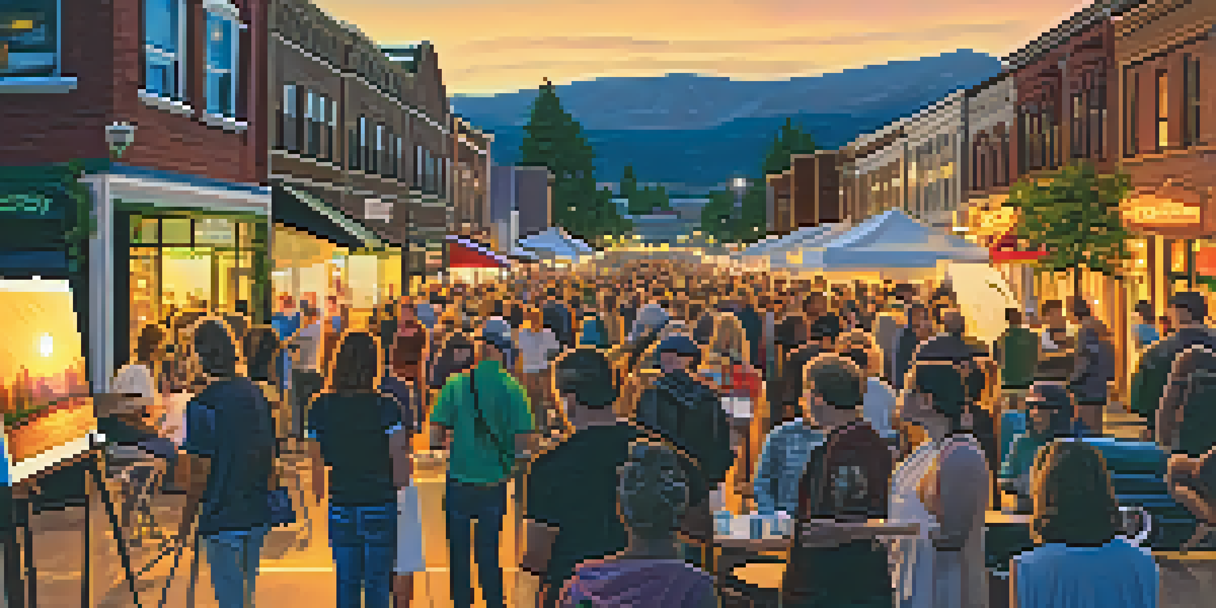 A lively street scene with artists showing their work and musicians playing during an art event in Spokane, with a sunset in the background.