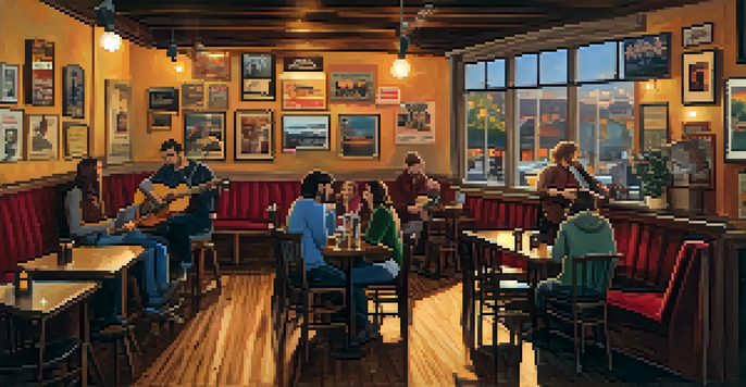 A cozy coffee shop in Spokane featuring musicians playing acoustic guitar and patrons enjoying their drinks.