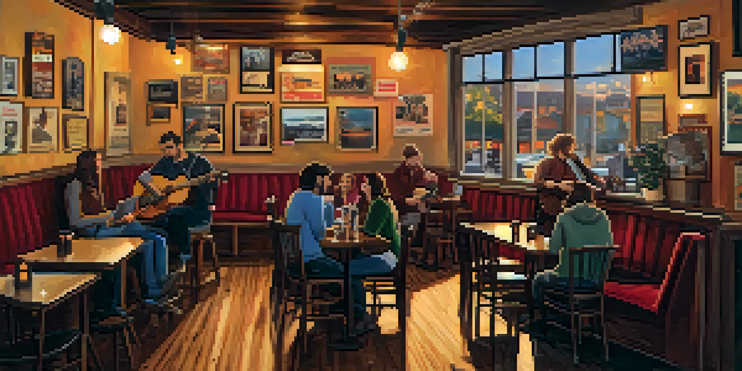 A cozy coffee shop in Spokane featuring musicians playing acoustic guitar and patrons enjoying their drinks.