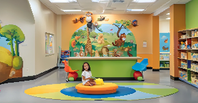 A bright pediatric clinic waiting room designed for children, featuring colorful furniture and playful murals.