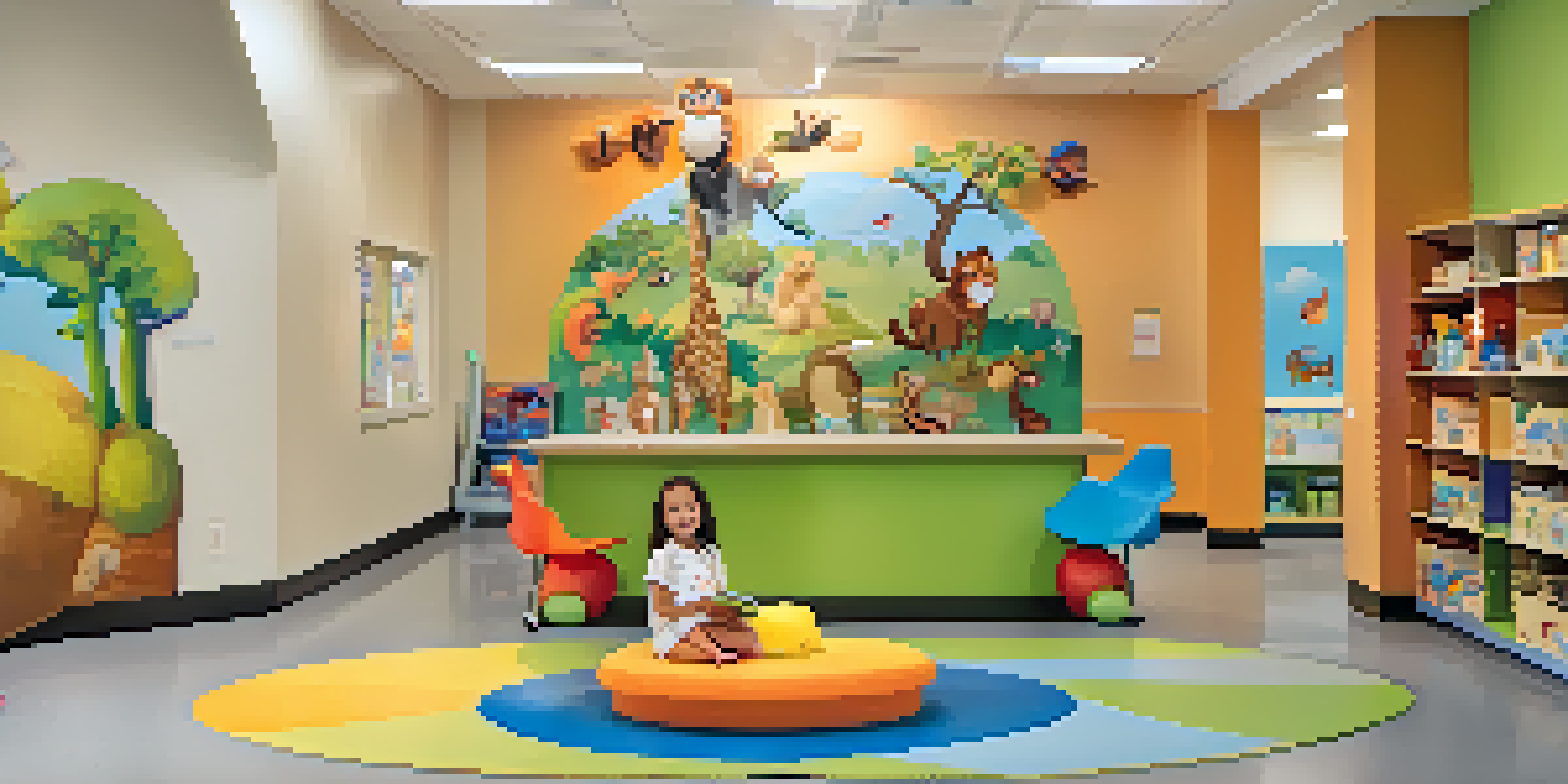 A bright pediatric clinic waiting room designed for children, featuring colorful furniture and playful murals.