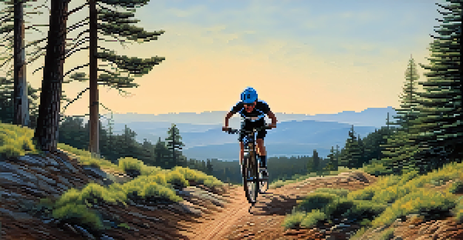 A mountain biker navigating a challenging trail on Beacon Hill, with dust kicked up and surrounded by pine trees and mountains.