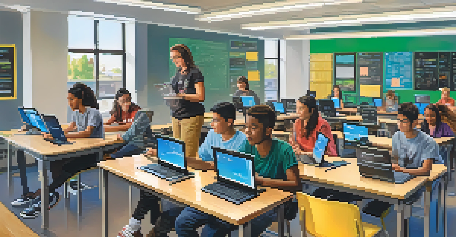 A classroom with diverse students engaged in a tech coding boot camp, featuring computers and a teacher guiding them.