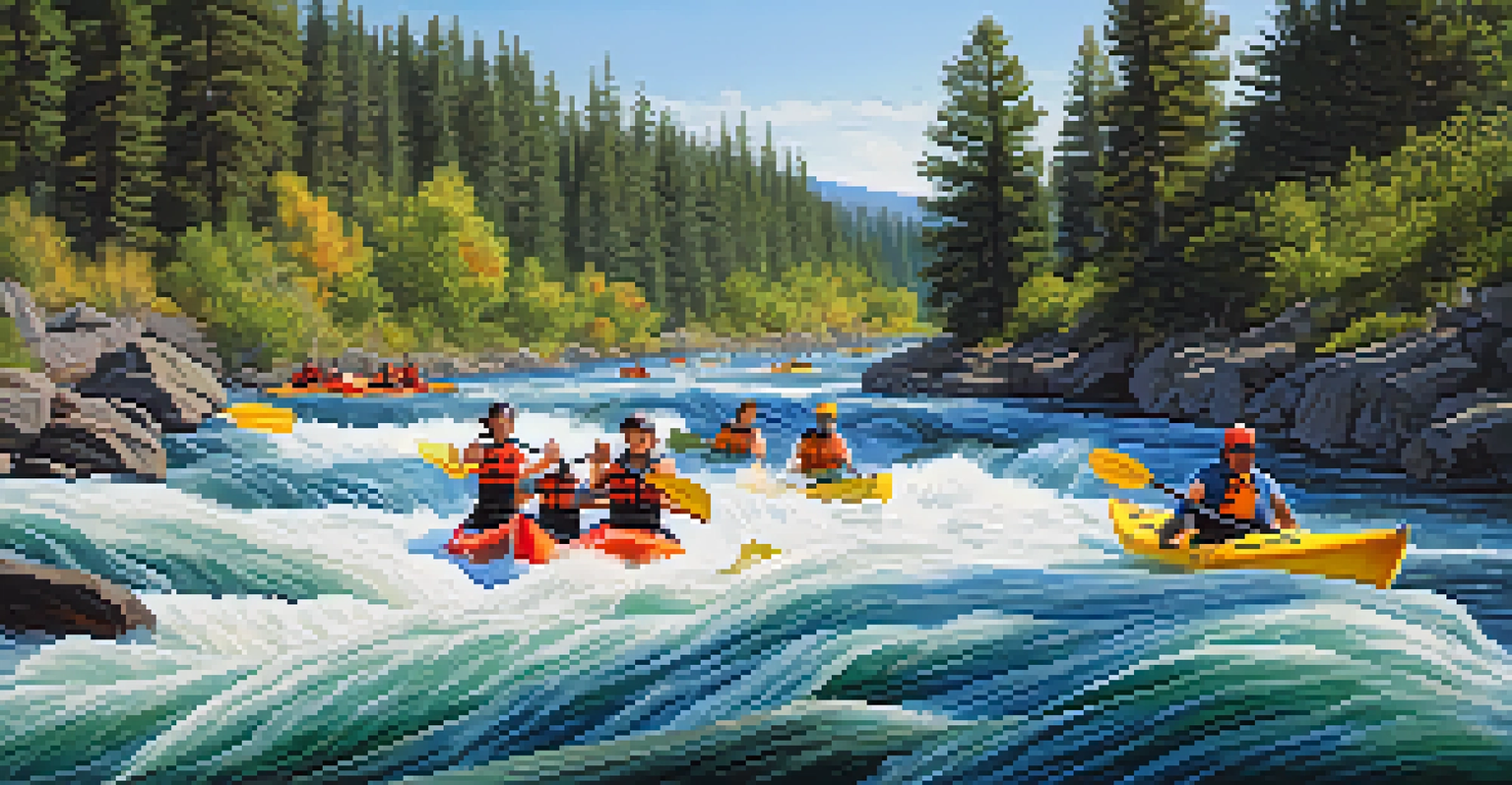 Kayakers navigating through rapids on the Spokane River, surrounded by lush greenery and splashing water.