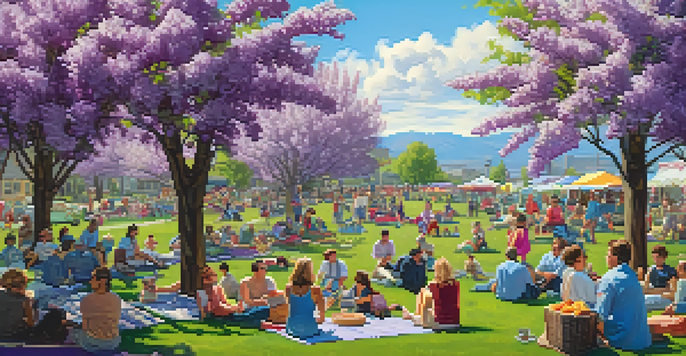 A lively spring picnic scene with blooming lilacs and a parade in Spokane, filled with people celebrating under a blue sky.