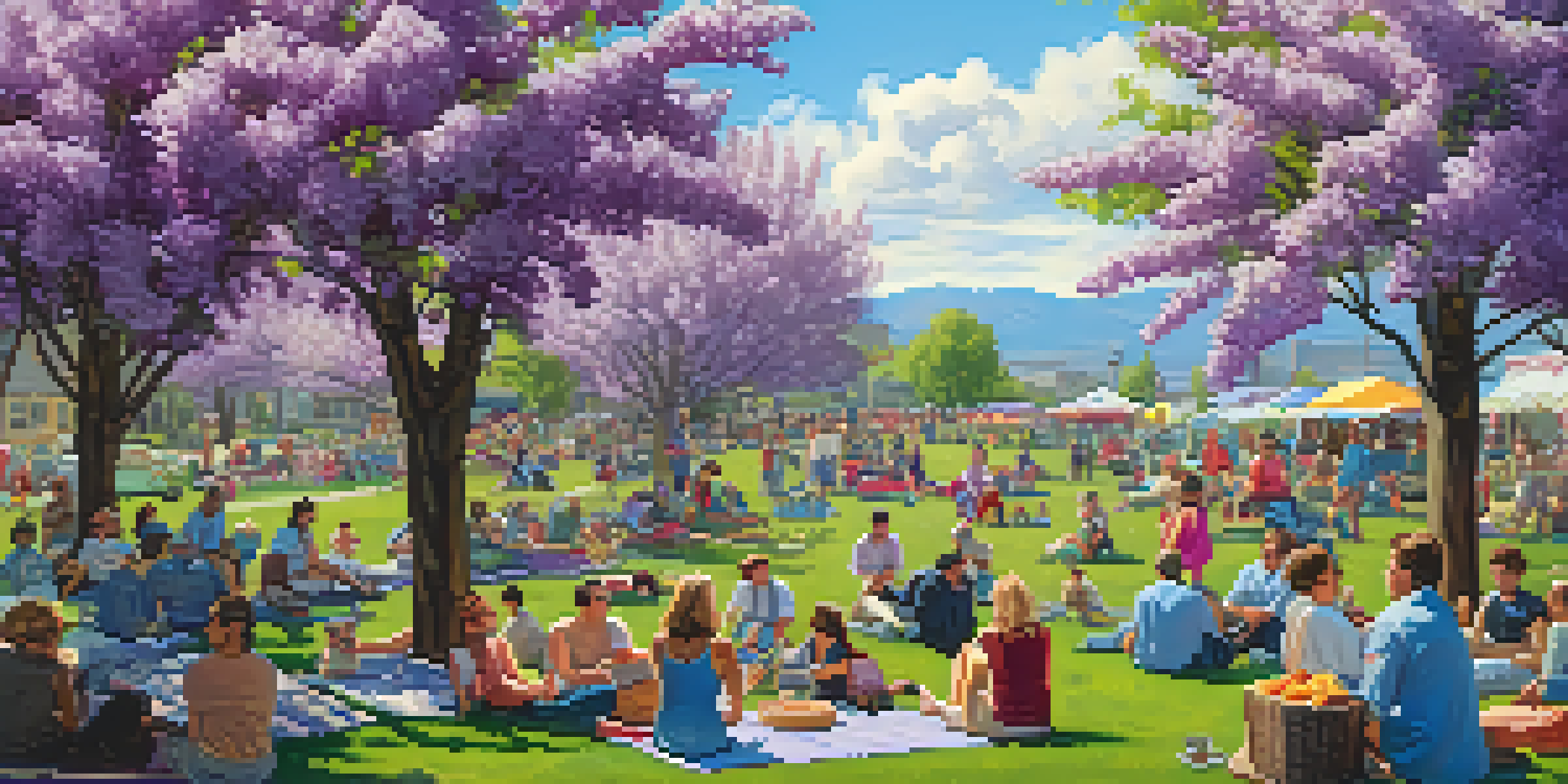 A lively spring picnic scene with blooming lilacs and a parade in Spokane, filled with people celebrating under a blue sky.
