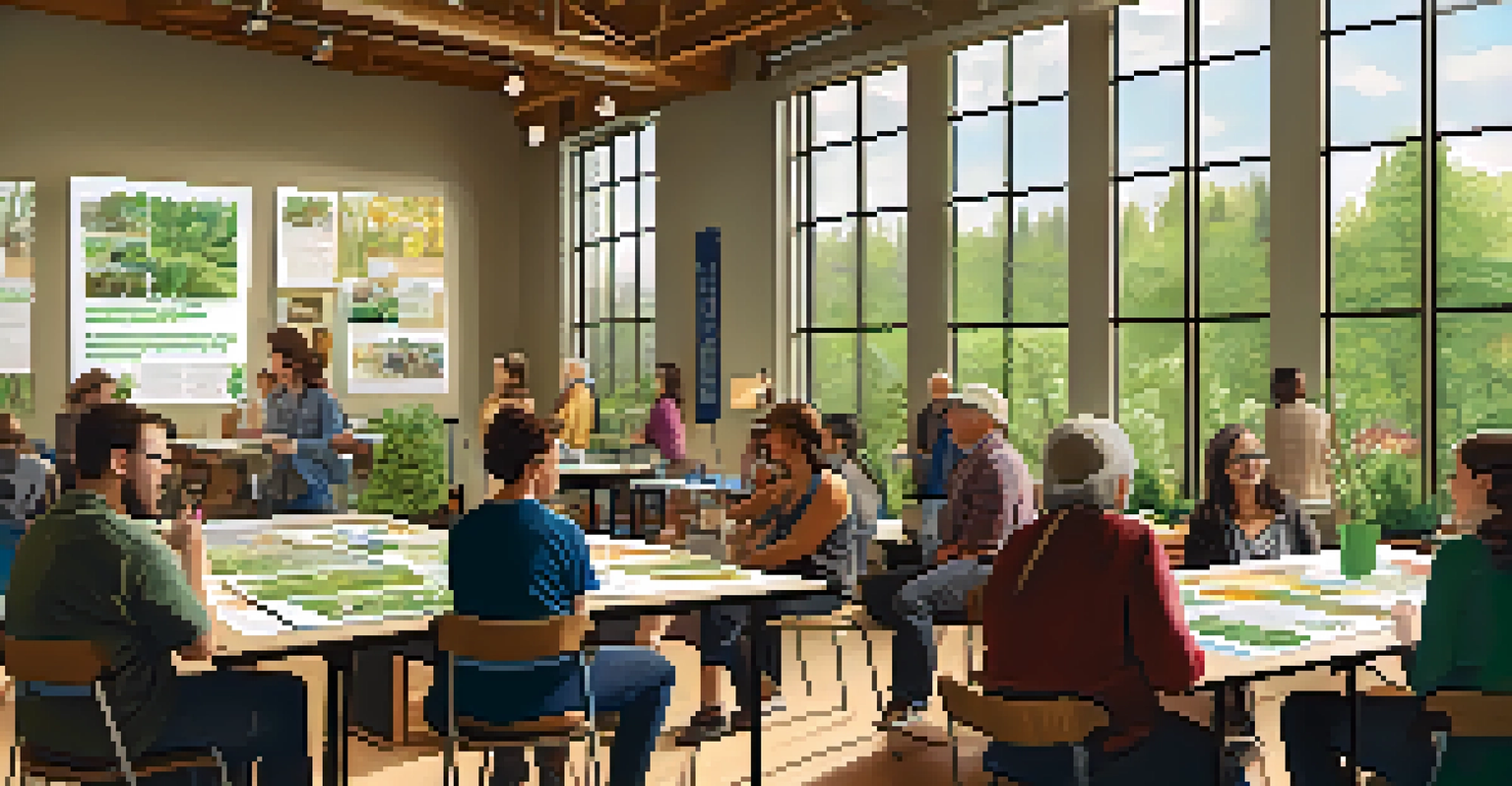 Residents gathered at a public workshop discussing sustainability practices, with posters and natural light in the room.